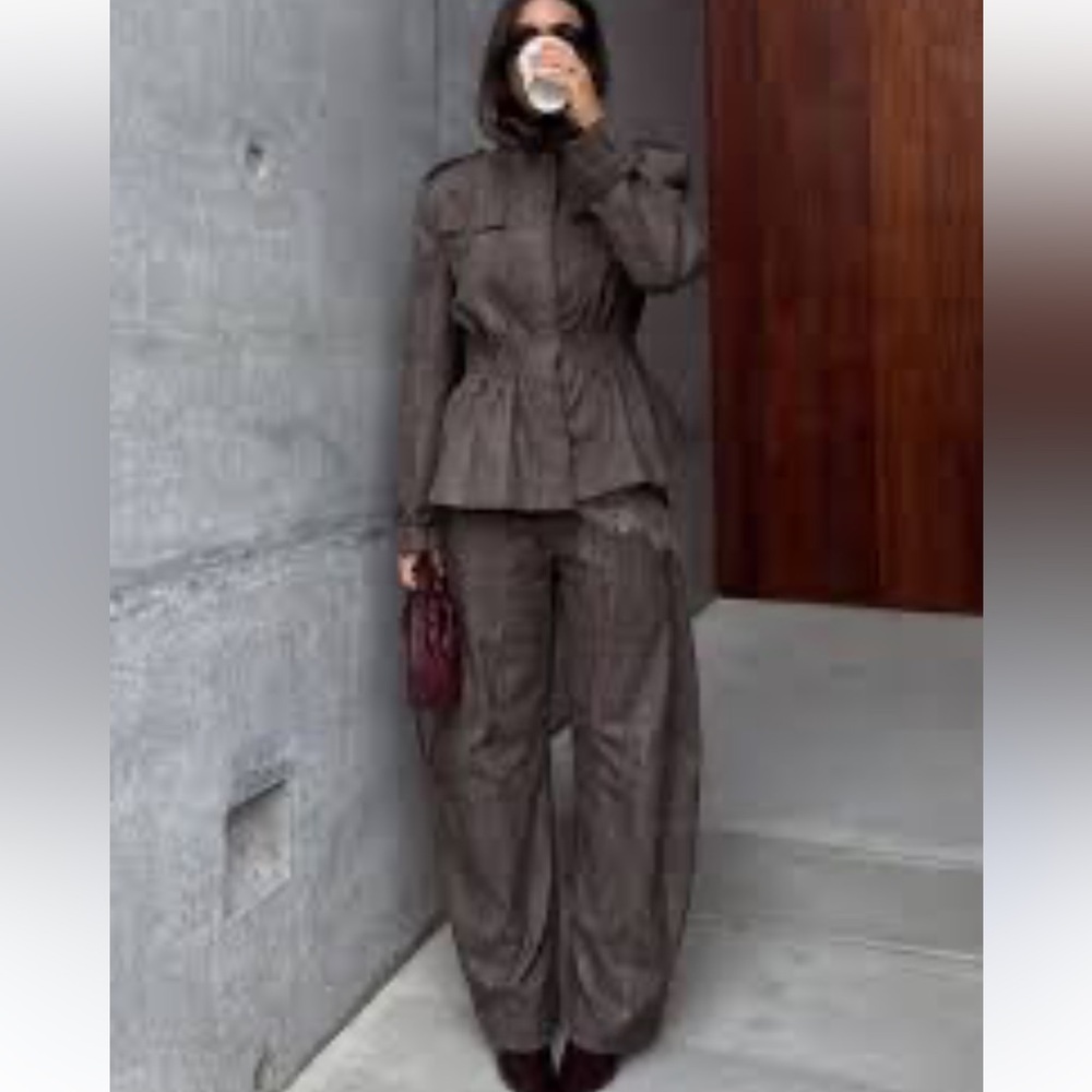 Zara  co-ord plaid peplum wool-blend jacket and matching balloon trousers